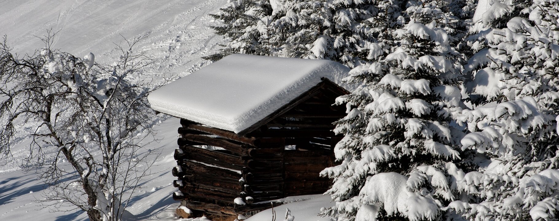 versteckter Heustadel im Winterwald | © Serfaus-Fiss-Ladis/Tirol