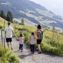 A family hiking in the mountains with two children on a trail.
