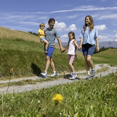 Een gezin met kinderen geniet van een wandeling op een smal pad.