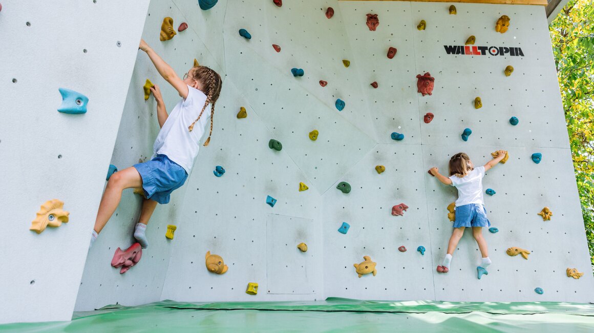 Two children enthusiastically climbing on a colorful bouldering wall.
