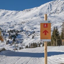 A sign directs skiers in a snowy landscape.