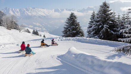 Four children sleighing in the snow with mountains in the background.