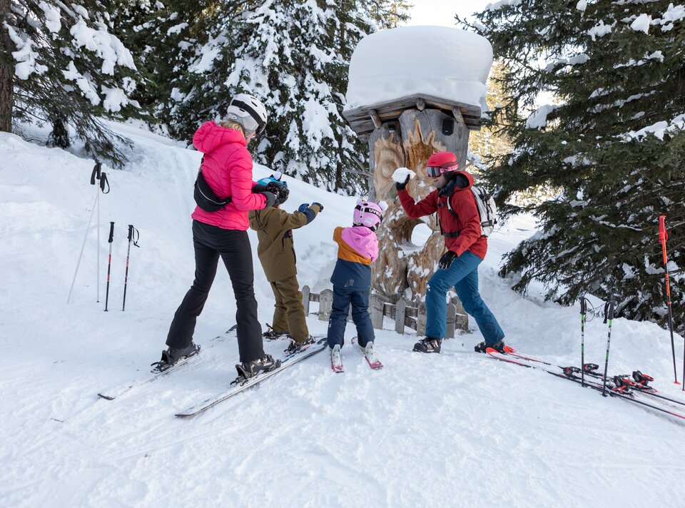 Family enjoying the snow while skiing; mountain landscape in the background.