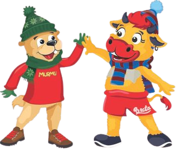 A marmot and a bull greet each other in winter clothing.