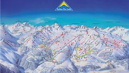 Map view of Serfaus-Fiss-Ladis ski resort showing slopes and lifts.