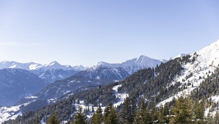 Winter landscape showcasing snow-covered mountains and forests.
