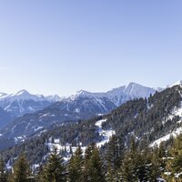 Winterlandschaft mit verschneiten Bergen und Wäldern.