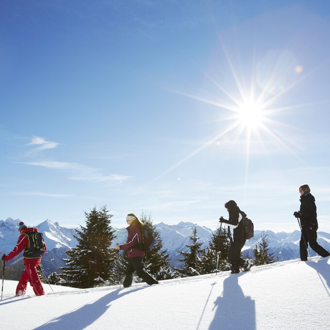 Groepswandeling in de sneeuw bij zonnig weer. Berglandschap.