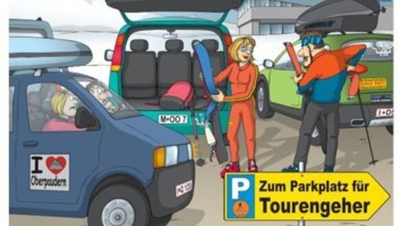 Zwei Skifahrer laden Ausrüstung in Autos am Parkplatz.