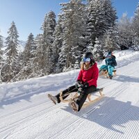 Zwei Frauen auf Schlitten genießen den verschneiten Wintertag.