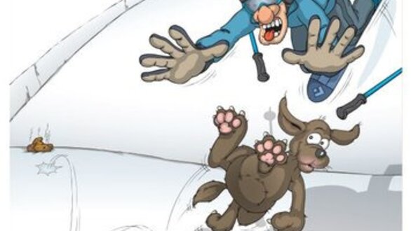 Een skier valt terwijl zijn hond vrolijk weg rent.