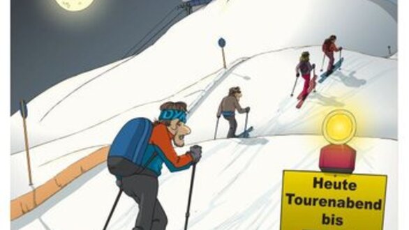 Skisters 's nachts op een helling, bord met sluiting om 22.30 uur.