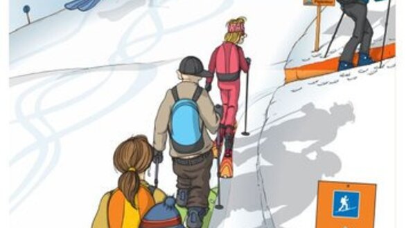 Een groep skiërs op een pad met skilabels.