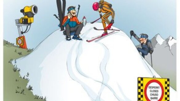 Twee skiërs op een helling met bord: Gesloten. Een marmot is ook zichtbaar.