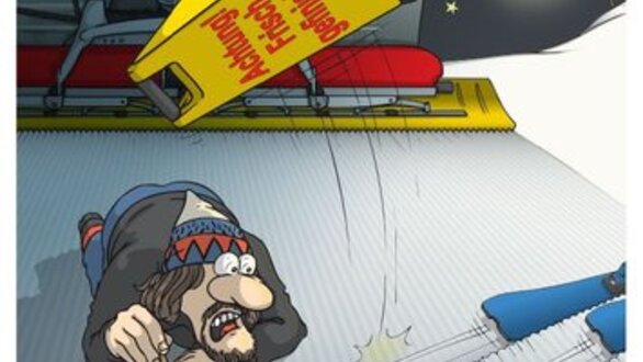 Een cartoon toont een man die voor een sneeuwschuiver ligt, met een waarschuwingsbord.