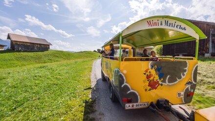 A yellow tour vehicle with passengers drives through the green landscape.