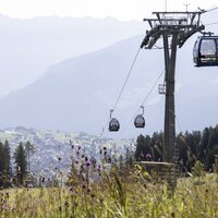 Seilbahngondeln fahren über eine grüne Wiese mit Bergen im Hintergrund.