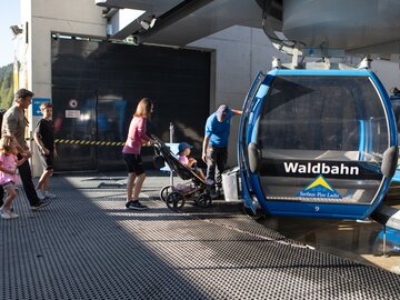 Familie und andere warten auf die Gondel der Waldbahn.