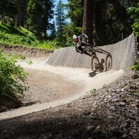 Ein Mountainbiker kurvt auf einer Holzpiste durch den Wald.