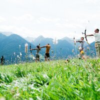 Vier Personen üben Bogenschießen auf einer Bergwiese.