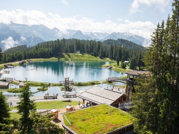 Ein schöner Bergsee umgeben von Wäldern und Bergen im Sommer.