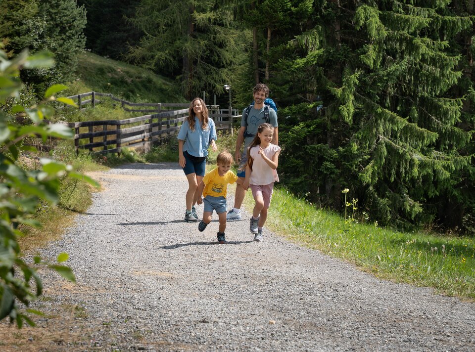 Eine Familie mit Kindern wandert fröhlich auf einem schottrigen Weg.