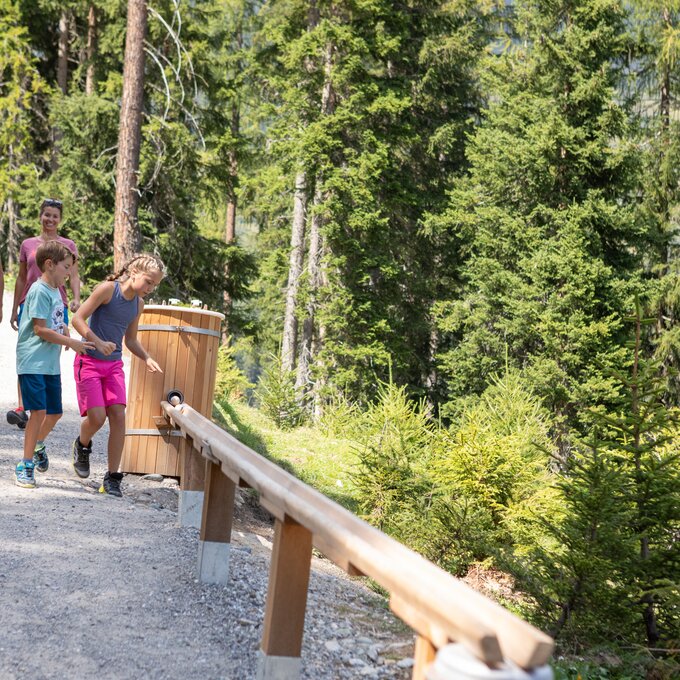 Family and children on a hiking path among trees.