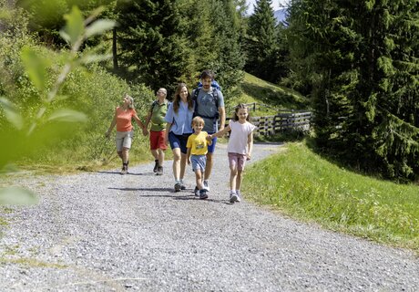 Eine Familie wandert auf einem Schotterweg in der Natur.
