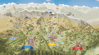 Illustration of the holiday region Serfaus, Fiss, and Ladis with leisure activities.