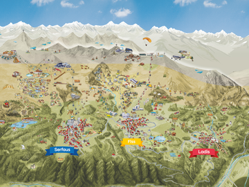 Skizze der Urlaubsregion Serfaus, Fiss und Ladis mit Freizeitangeboten.