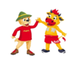 Murmli der Bär und Berta die Kuh winken sich zu.