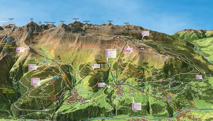 Map of a mountain area with hiking trails and mountain stations.