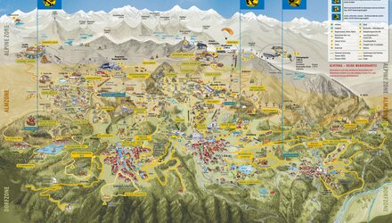 Overview map of a mountain area with hiking and skiing areas.