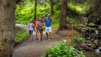 Family walks on a forest path next to a stream.
