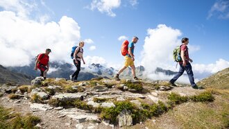 Vier Wanderer erkunden die Alpenlandschaft unter einem blauen Himmel.