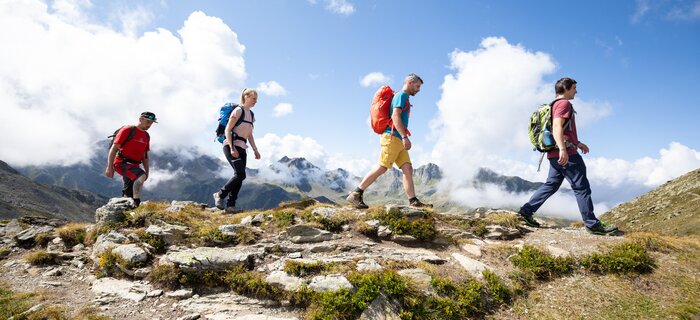 Four hikers explore the alpine landscape under a blue sky.
