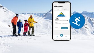 A family on the slopes checking their ski ticket on a mobile phone.