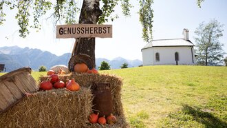 Eine herbstliche Szene mit Kürbissen, Heuballen und einem Schild mit 'Genusserbst'.