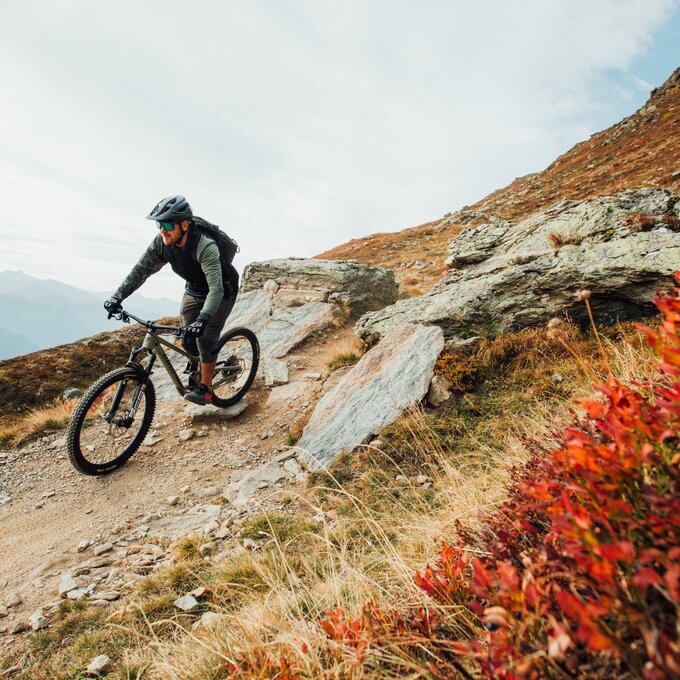 Ein Mountainbiker fährt auf einem schmalen, steinigen Pfad in den Bergen, umgeben von buntem Herbstlaub.