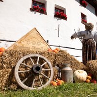 Zwei Strohpuppen vor einem Haus, umgeben von Kürbissen und Blumen.