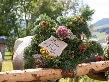 Ein geschmückter Blumenkranz für Kühe mit der Aufschrift 'Miss Tiss 2021'.