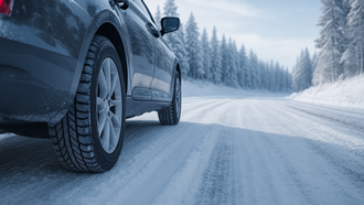 Close-up of a car with winter tires on a snowy road.