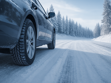 Nahaufnahme eines Autos mit Winterreifen auf einer verschneiten Straße.