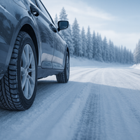 Close-up of a car with winter tires on a snowy road.