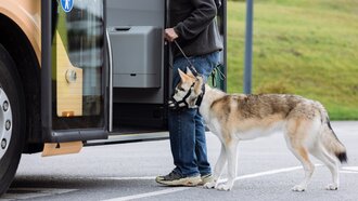 Ein Mann steht mit seinem Hund bereit, um in den Bus einzusteigen.