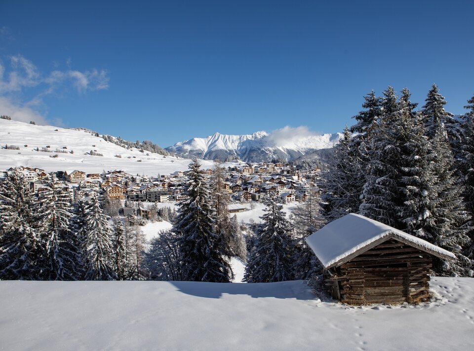 Winterlandschaft mit einem traditionellen Holzhaus und schneebedecktem Dorf im Hintergrund.