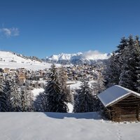Winterlandschaft mit einem traditionellen Holzhaus und schneebedecktem Dorf im Hintergrund.