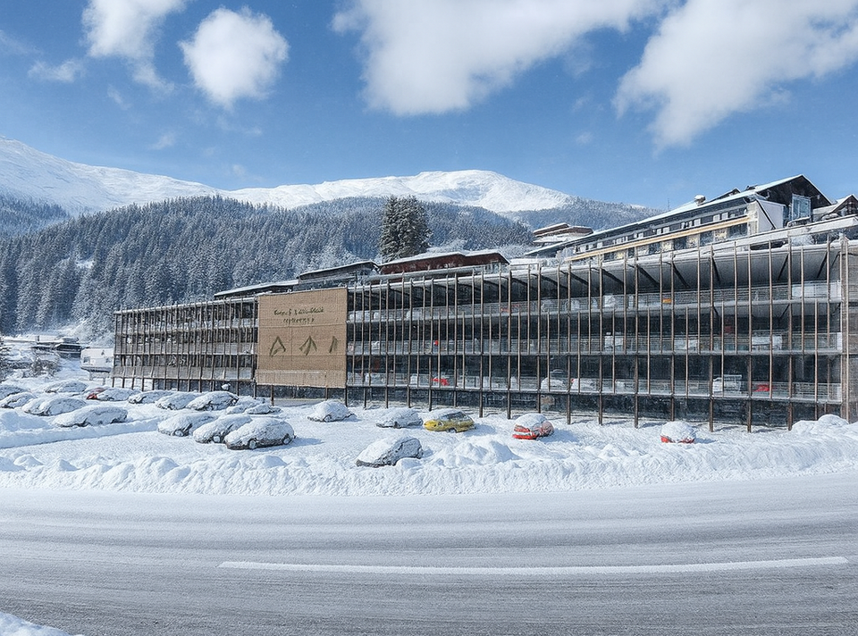 Ein modernes Hotel im Schnee mit Bergen im Hintergrund.