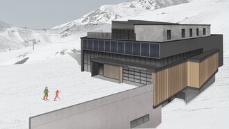 Architectural design of the Plansegg cable car in the Alps.