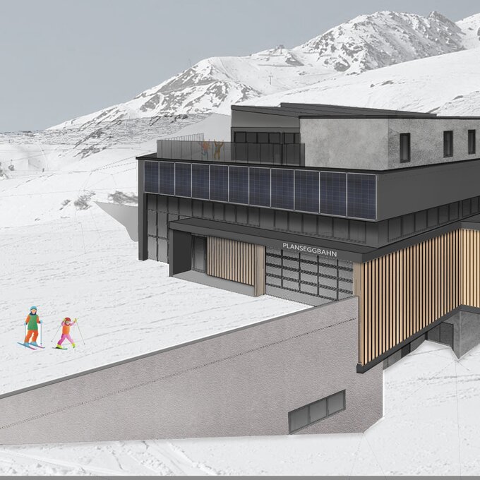 Architektonische Darstellung der Planseggbahn in den Alpen.